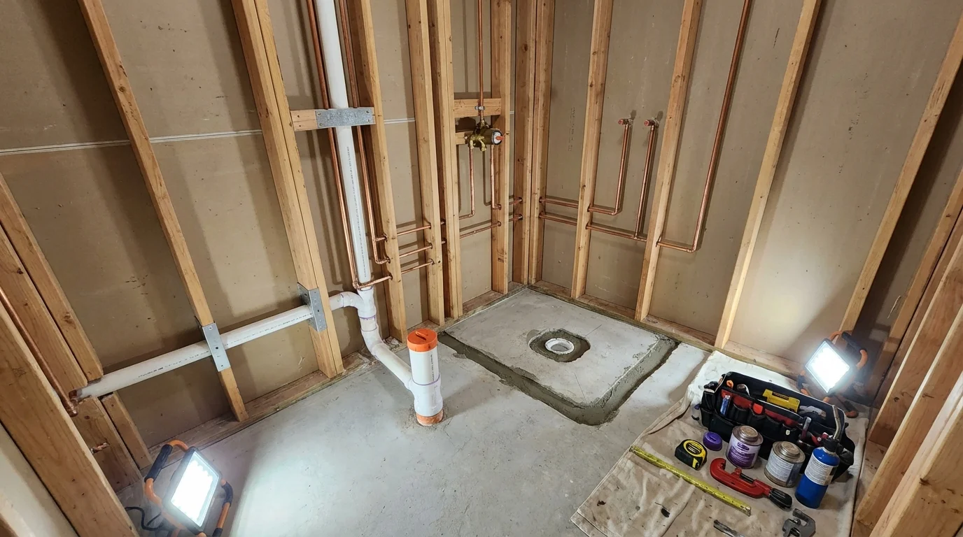 Bathroom rough-in plumbing during remodel by Johns Plumbing LLC in Enola