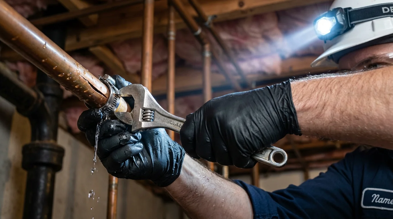 Emergency pipe clamp repair being performed by a Johns Plumbing LLC plumber in Enola