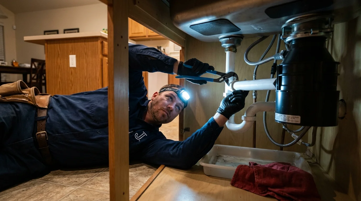 P-trap and supply line connections under a kitchen sink showing a common leak point in Enola, PA